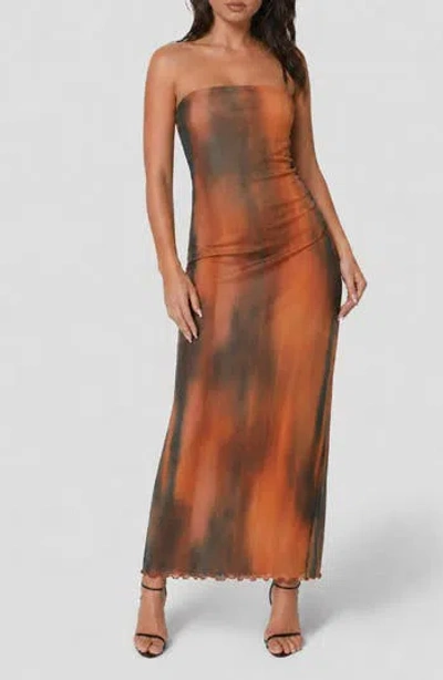 Bebe Printed Mesh Strapless Maxi Dress In Brown