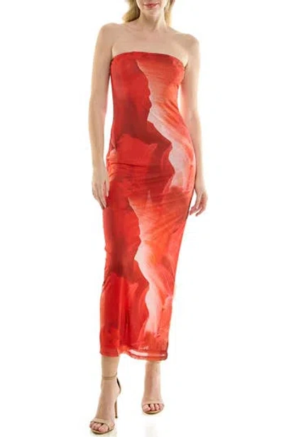 Bebe Printed Mesh Strapless Maxi Dress In Red