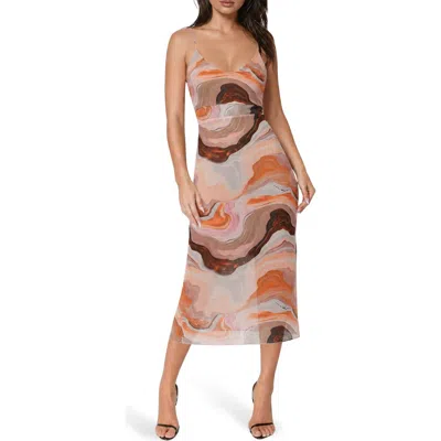 Bebe Printed Mesh V-neck Illusion Midi Dress In Multi