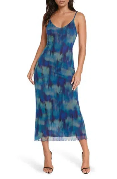 Bebe Printed Mesh V-neck Maxi Dress In Blue