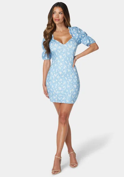 Bebe Printed Puff Sleeve Plunge Neck Dress In Ditsy Floral Print