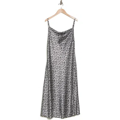 Bebe Printed Satin Bias Midi Dress In Black/white/daisy