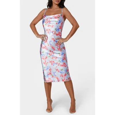 Bebe Printed Satin Bias Midi Dress In Blue
