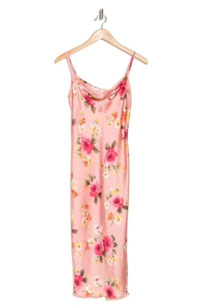 Bebe Printed Satin Bias Midi Dress In Pink/ Multi