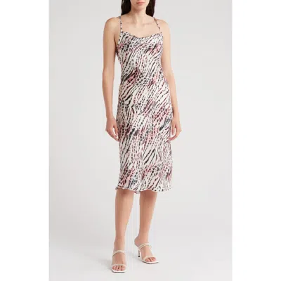 Bebe Printed Satin Bias Midi Dress In Purple/multi