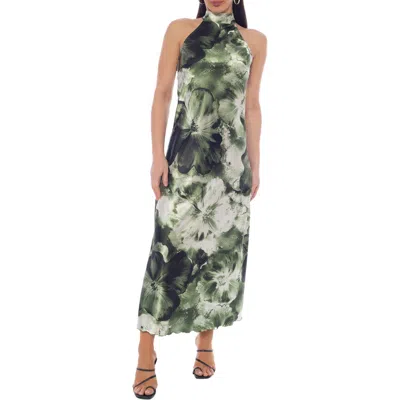 Bebe Printed Satin Mock Neck Maxi Dress In Green