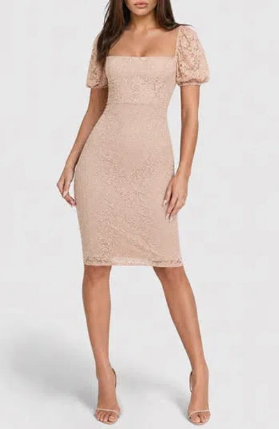 Bebe Puff Sleeve Lace Midi Dress In Neutral
