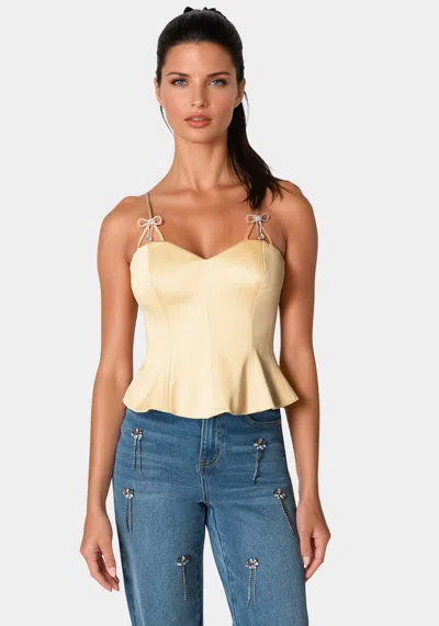 Bebe Rhinestone Bow Satin Corset In Champagne