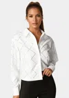 Bebe Rhinestone Long Sleeve Blouse In White Alyssum