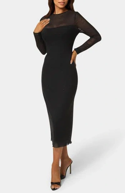 Bebe Rhinestone Mesh Long Sleeve Body-con Dress In Black