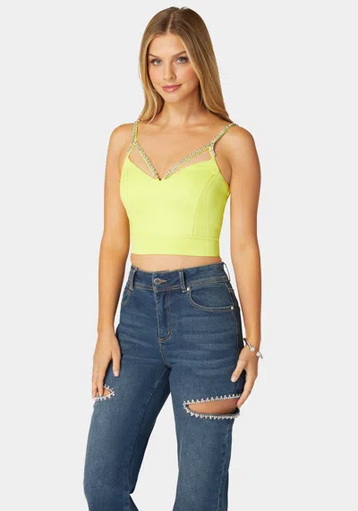 Bebe Rhinestone Trim Sleeveless Knit Top In Cyber Lime