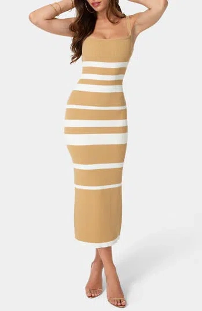 Bebe Rib Knit Sleeveless Midi Dress In Tan/ White