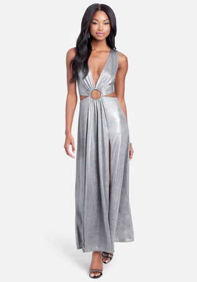Bebe Ring Detail Sparkle Knit Cut Out Maxi In Silver Lurex