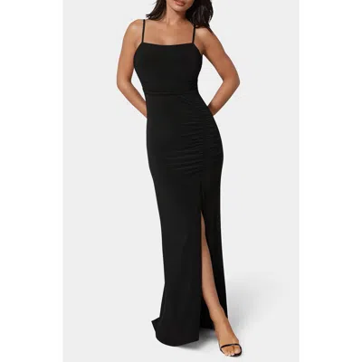 Bebe Ruched High Slit Maxi Dress In Black