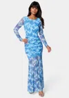 Bebe Ruched Longsleeve Printed Maxi Dress In Soft Tapestry