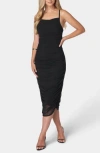 Bebe Ruched Mesh Midi Slipdress In Black