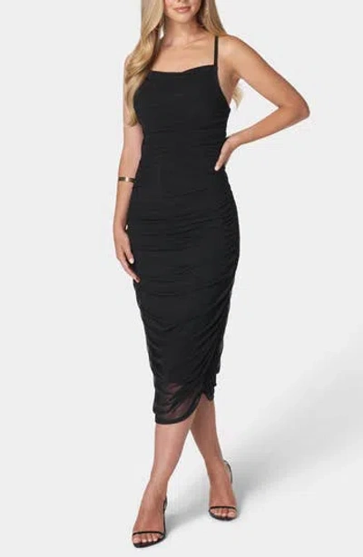 Bebe Ruched Mesh Midi Slipdress In Black