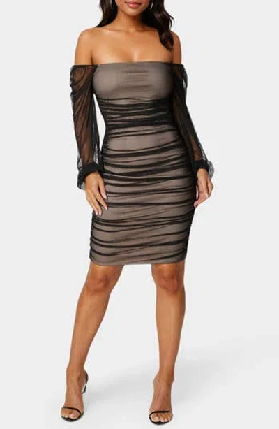 Bebe Ruched Off The Shoulder Long Sleeve Body-con Dress In Black
