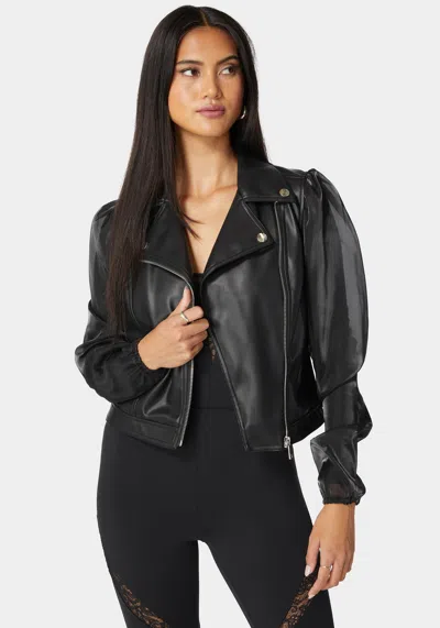 Bebe Ruched Organza Sleeve Vegan Leather Moto Jacket In Black
