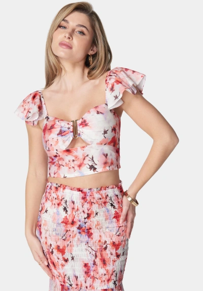 Bebe Ruffle Sleeve Metal Trim Printed Top In River Blossom Print