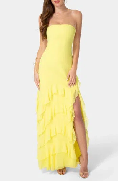 Bebe Ruffle Strapless Chiffon Gown In Butter
