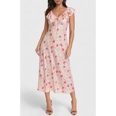 Bebe Ruffle Trim Satin Midi Dress In Pink