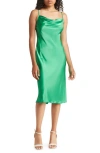 BEBE SATIN COWL NECK MIDI DRESS