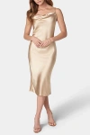 Bebe Satin Cowl Neck Midi Slip Dress In Champagne, Women's At Urban Outfitters In Gold
