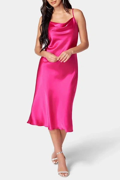 Bebe Satin Cowl Neck Midi Slip Dress In Fuchsia, Women's At Urban Outfitters In Pink