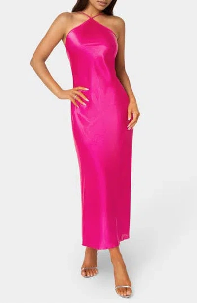 Bebe Satin Halter Dress In Pink