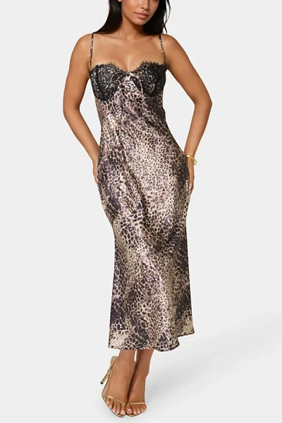 Bebe Satin Leopard Midi Dress In Leopard, Women's At Urban Outfitters In Brown