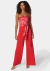 Bebe Satin Tie Front Scarf Ultra Wide Leg Jumpsuit In Raspberry Tropics