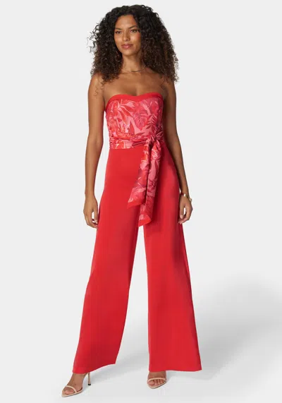 Bebe Satin Tie Front Scarf Ultra Wide Leg Jumpsuit In Raspberry Tropics