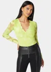 Bebe Scallop Edge Long Sleeve Lace Bodysuit In Cyber Lime