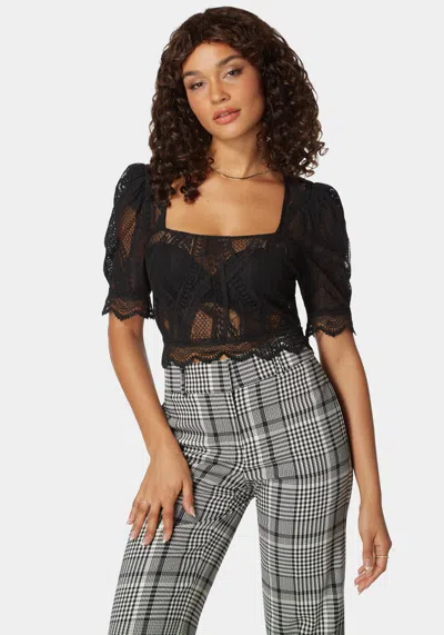 Bebe Scallop Hem Lace Trapeze Neck Top In Black