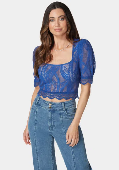 Bebe Scallop Hem Lace Trapeze Neck Top In Galactic Cobalt