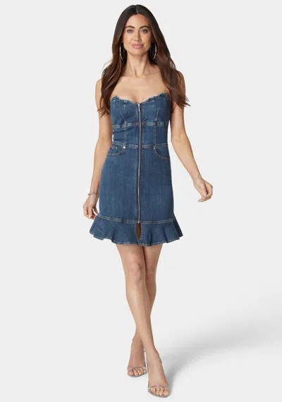 Bebe Scalloped Neckline Zip Up Denim Dress In True Blue Wash