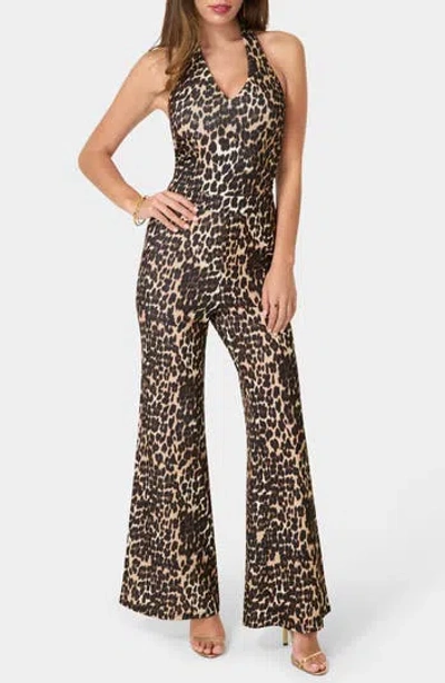 Bebe Scuba Crepe Halter Neck Jumpsuit In Animal Print