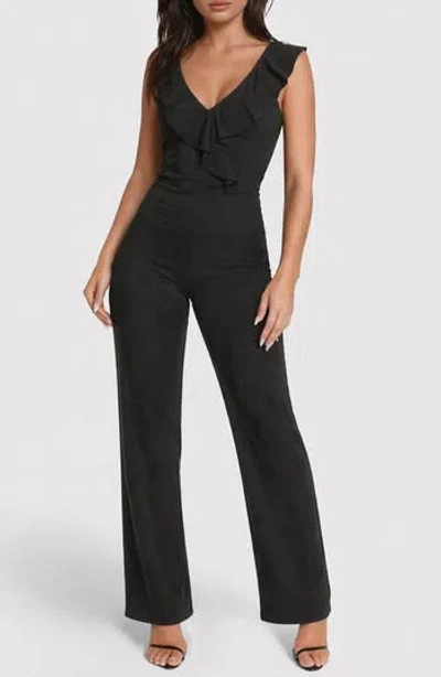 Bebe Scuba Crepe Ruffle V-neck Jumpsuit In Black