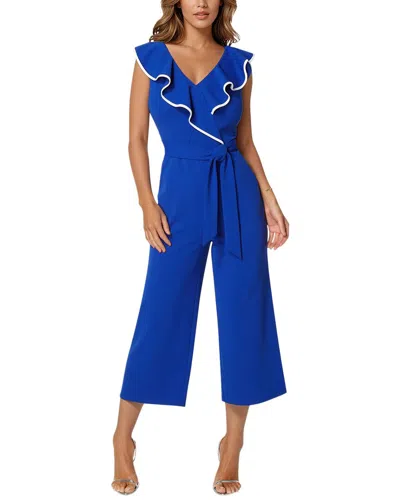 Bebe Scuba Crepe Ruffle V-neck Jumpsuit In Blue