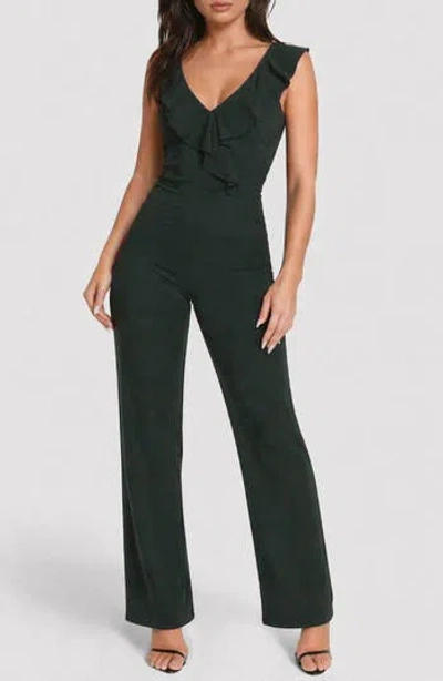 Bebe Scuba Crepe Ruffle V-neck Jumpsuit In Black