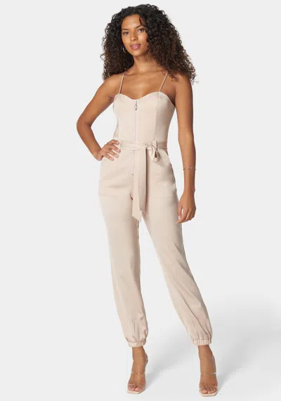 Bebe Self Tie Bustier Jogger Jumpsuit In Oyster