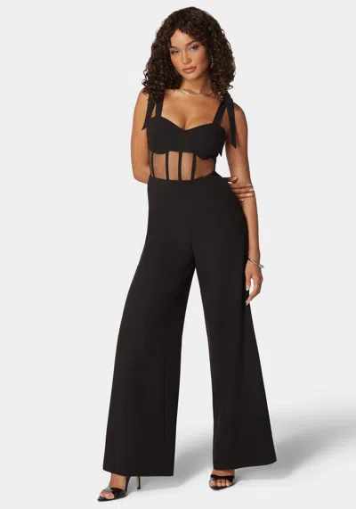 Bebe Self Tie Strap Corset Wide Leg Jumpsuit In Black