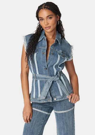 Bebe Semi Fitted Lace Applique Denim Vest In River Blue Wash