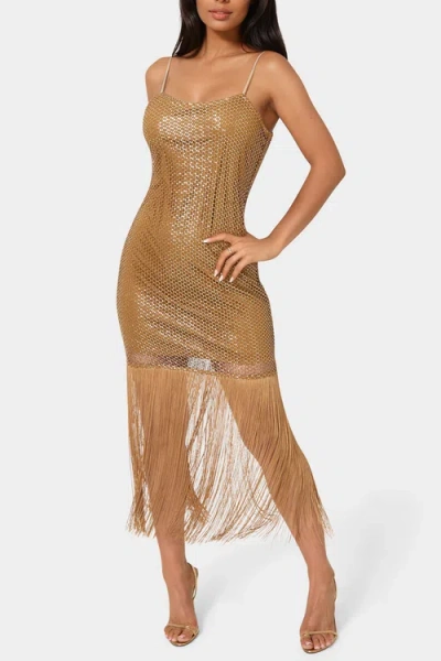 Bebe Sequin Crotche Fringe Dress In Brown