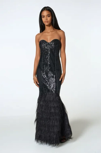 BEBE BEBE SEQUIN FEATHER TRIM STRAPLESS GOWN