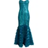 Bebe Sequin Feather Trim Strapless Gown In Teal