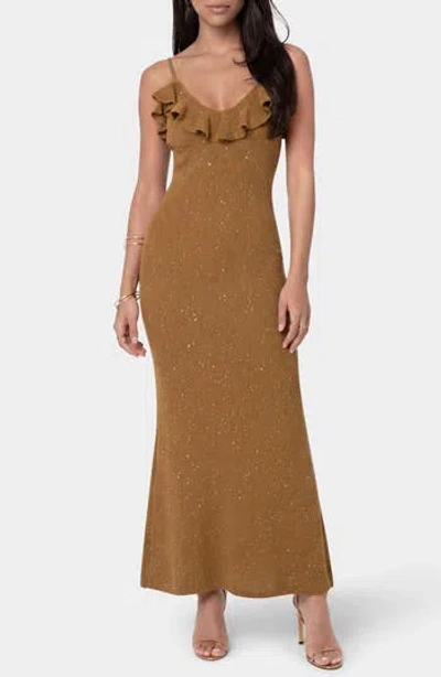 Bebe Sequin Knit Ruffle Trim Maxi Dress In Brown
