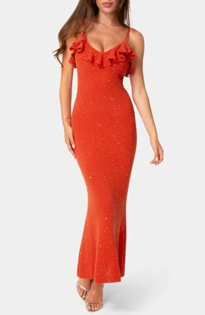 Bebe Sequin Knit Ruffle Trim Maxi Dress In Red