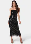 Bebe Sequin Strapless Midi Dress With Feather Trim In Black